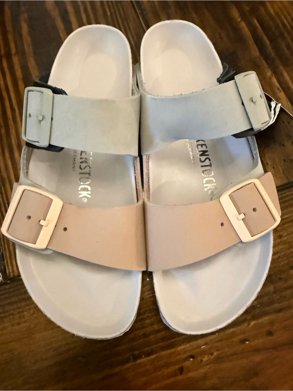 Birkenstock Women’s Arizona Two-Strap Sandal — White, Blush, and Light Gray